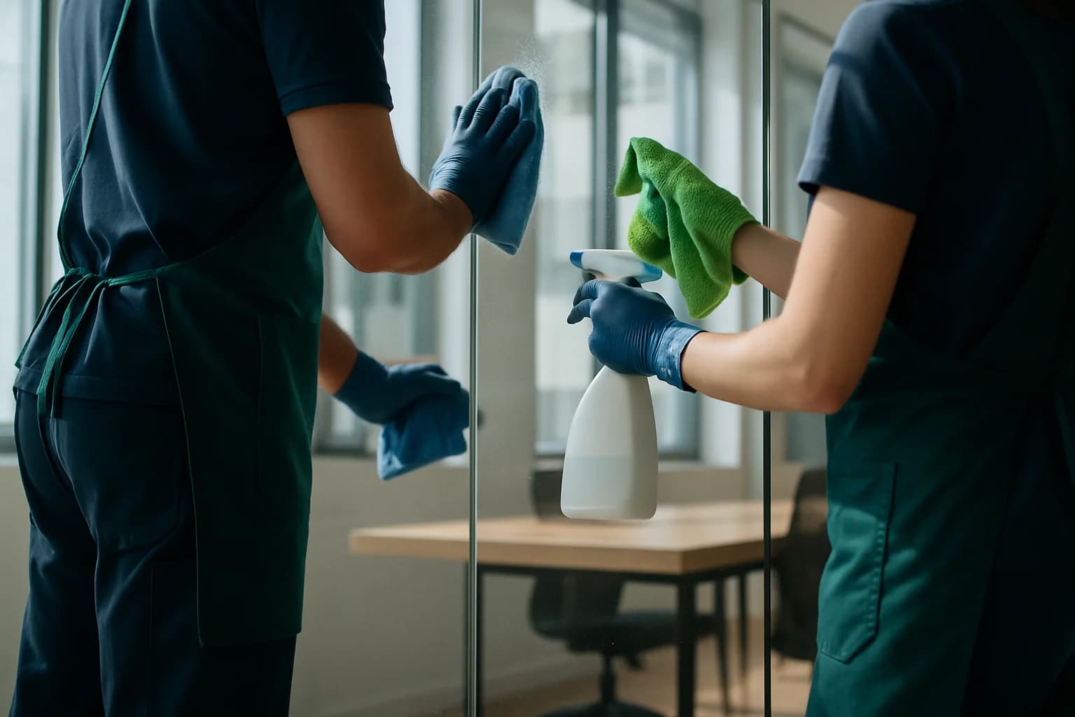 Team di pulizia professionale che pulisce una parete di vetro in ufficio moderno