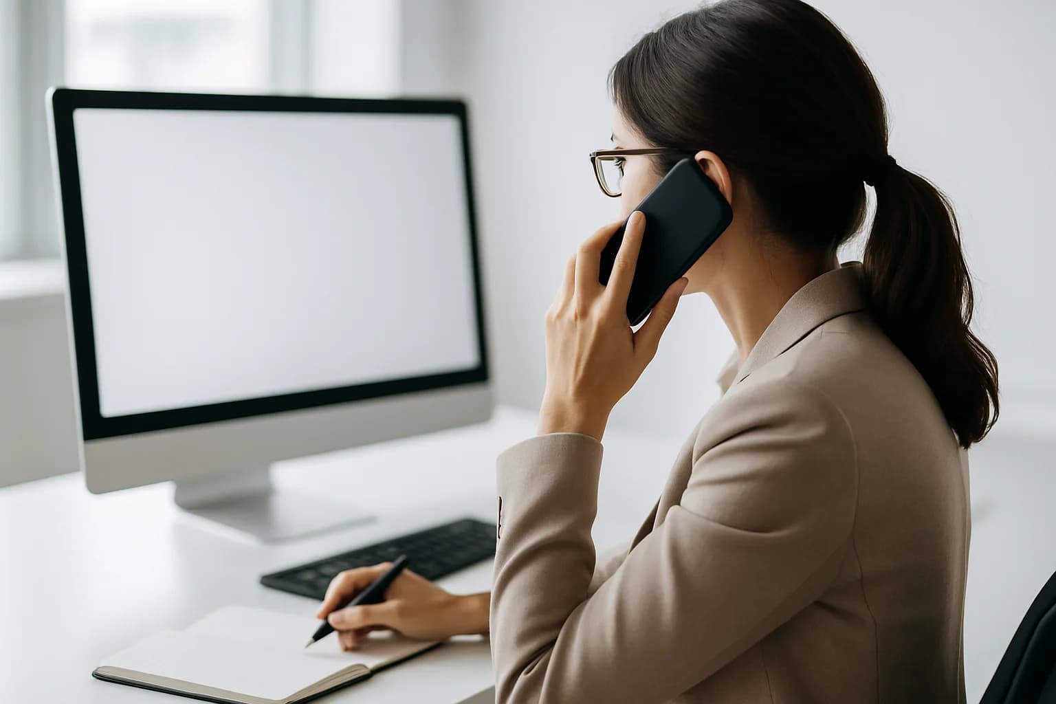 Operatrice d'ufficio al telefono alla scrivania, inquadratura di spalle
